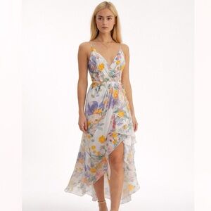 Lipsy Satin Floral Ruffle High Low Midi Wrap Dress Size 4 White - As Seen on TV